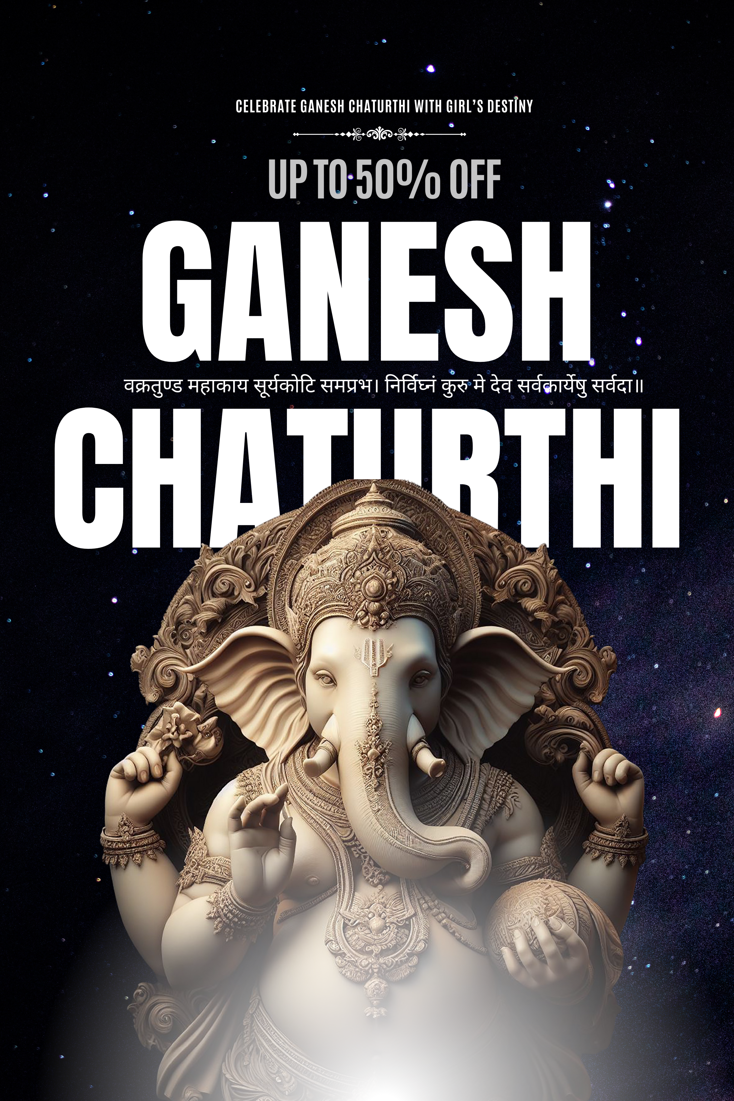Promotional poster for Ganesha Chaturthi with a statue of Ganesha on a dark background.