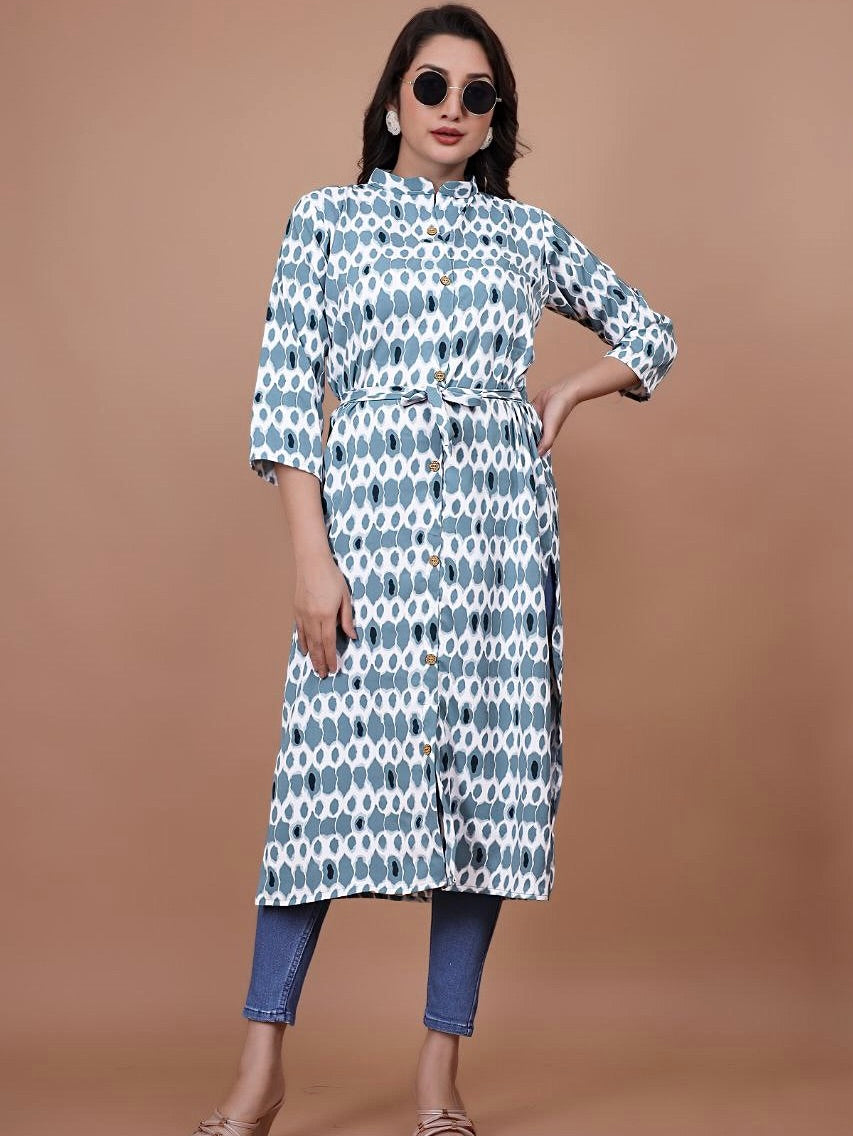 Stylish A-Line Printed Kurti – Soft Boogati Satin