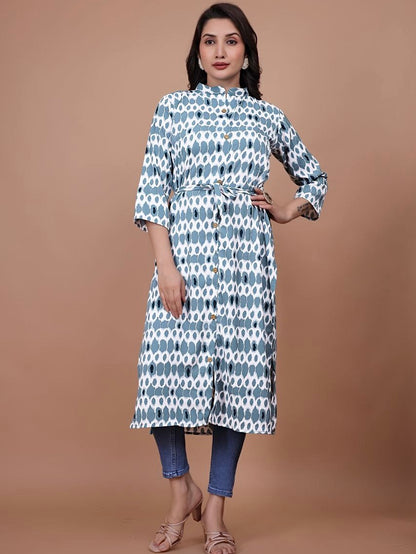 Stylish A-Line Printed Kurti – Soft Boogati Satin