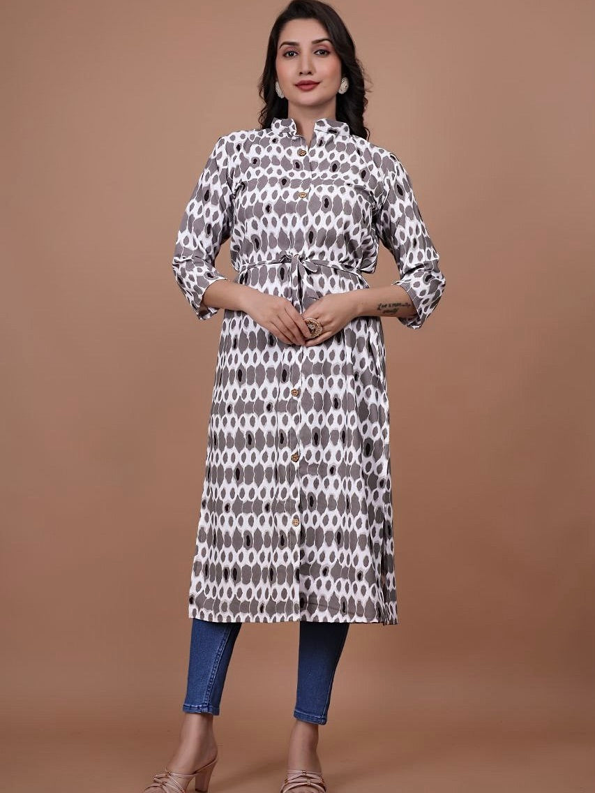 Stylish A-Line Printed Kurti – Soft Boogati Satin