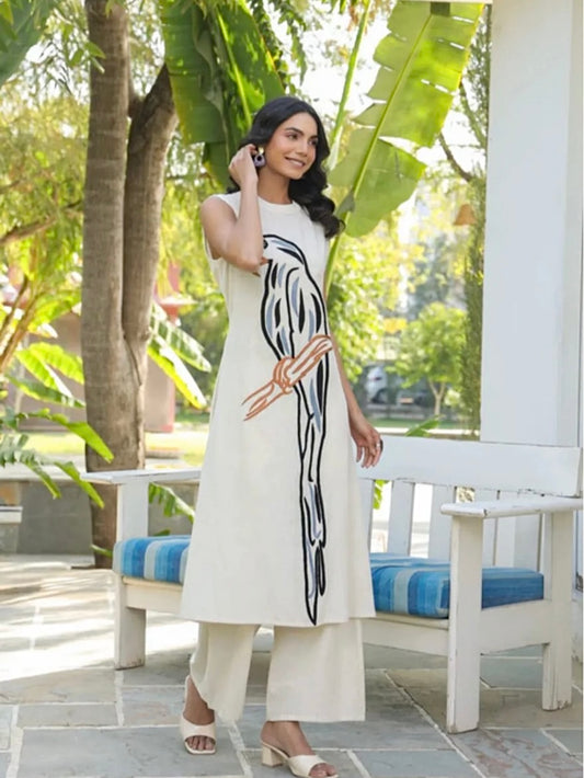 Khadi Silk Top & Pant Set with Peacock Embroidery