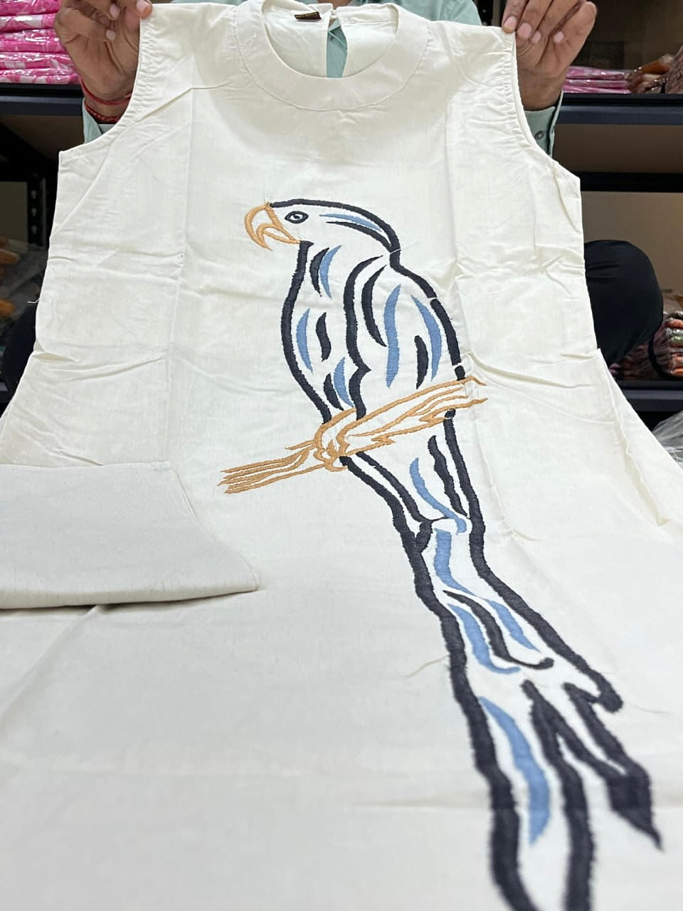 Khadi Silk Top & Pant Set with Peacock Embroidery