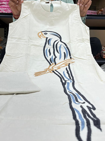 Khadi Silk Top & Pant Set with Peacock Embroidery