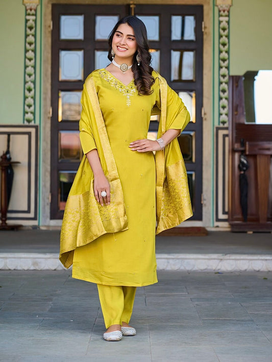 Roman Silk Embroidered Suit Set with Banarasi Dupatta