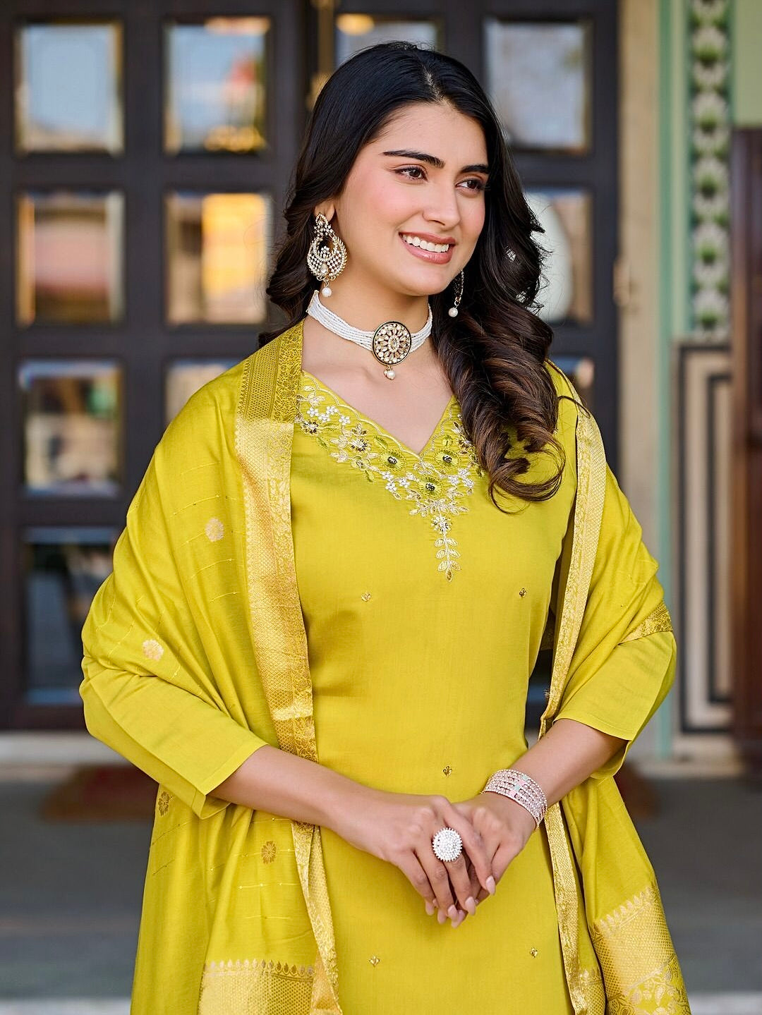 Roman Silk Embroidered Suit Set with Banarasi Dupatta