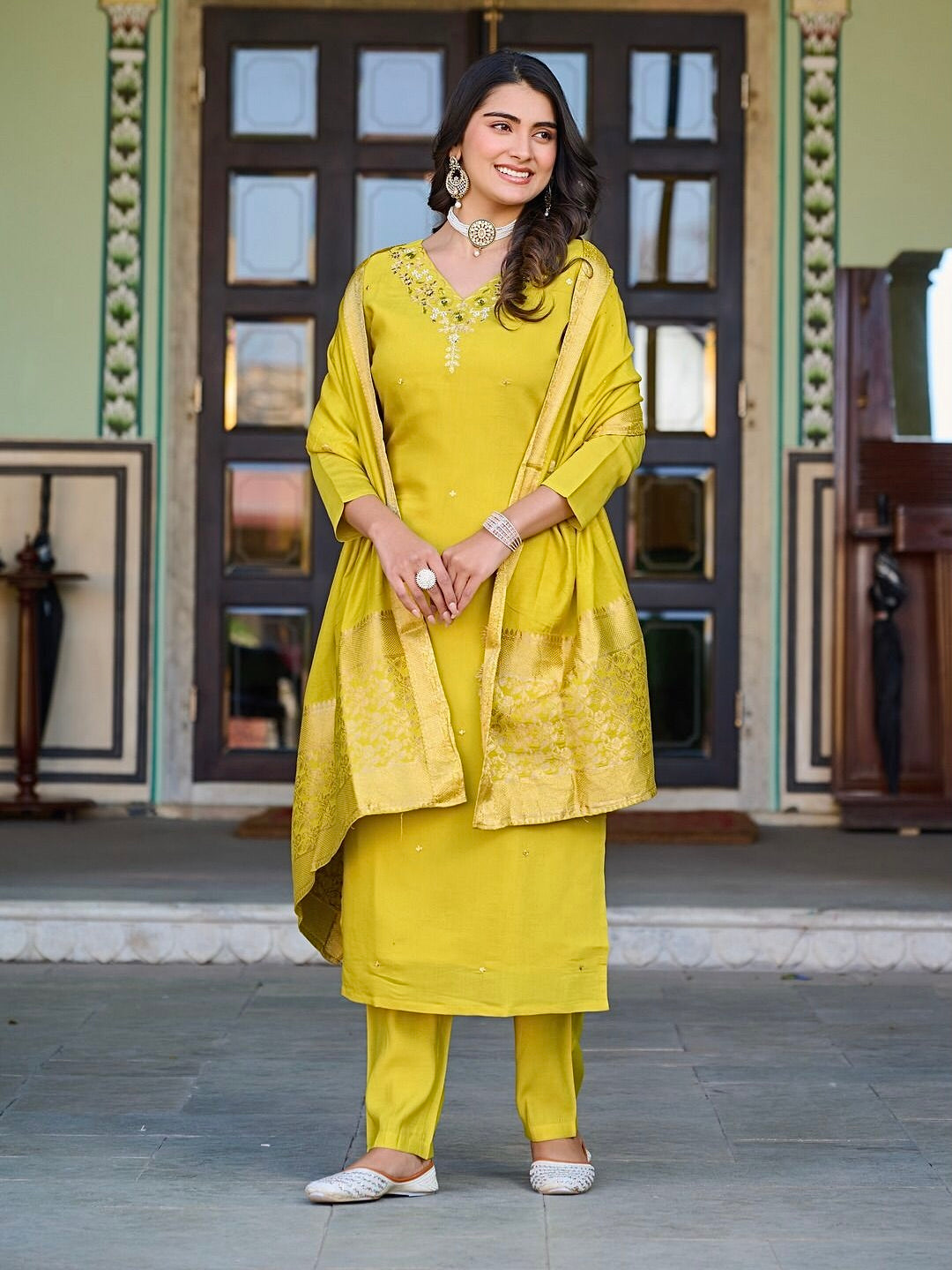 Roman Silk Embroidered Suit Set with Banarasi Dupatta