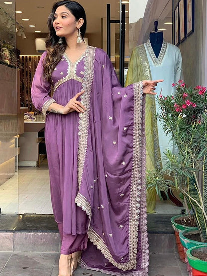 Roman Silk Kurta Set with Embroidery & Dupatta