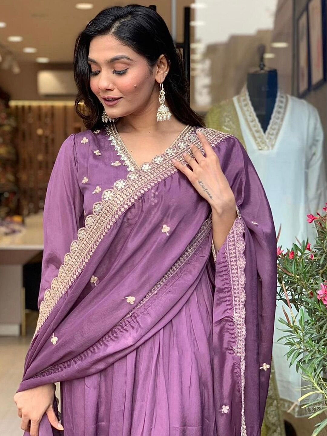 Roman Silk Kurta Set with Embroidery & Dupatta
