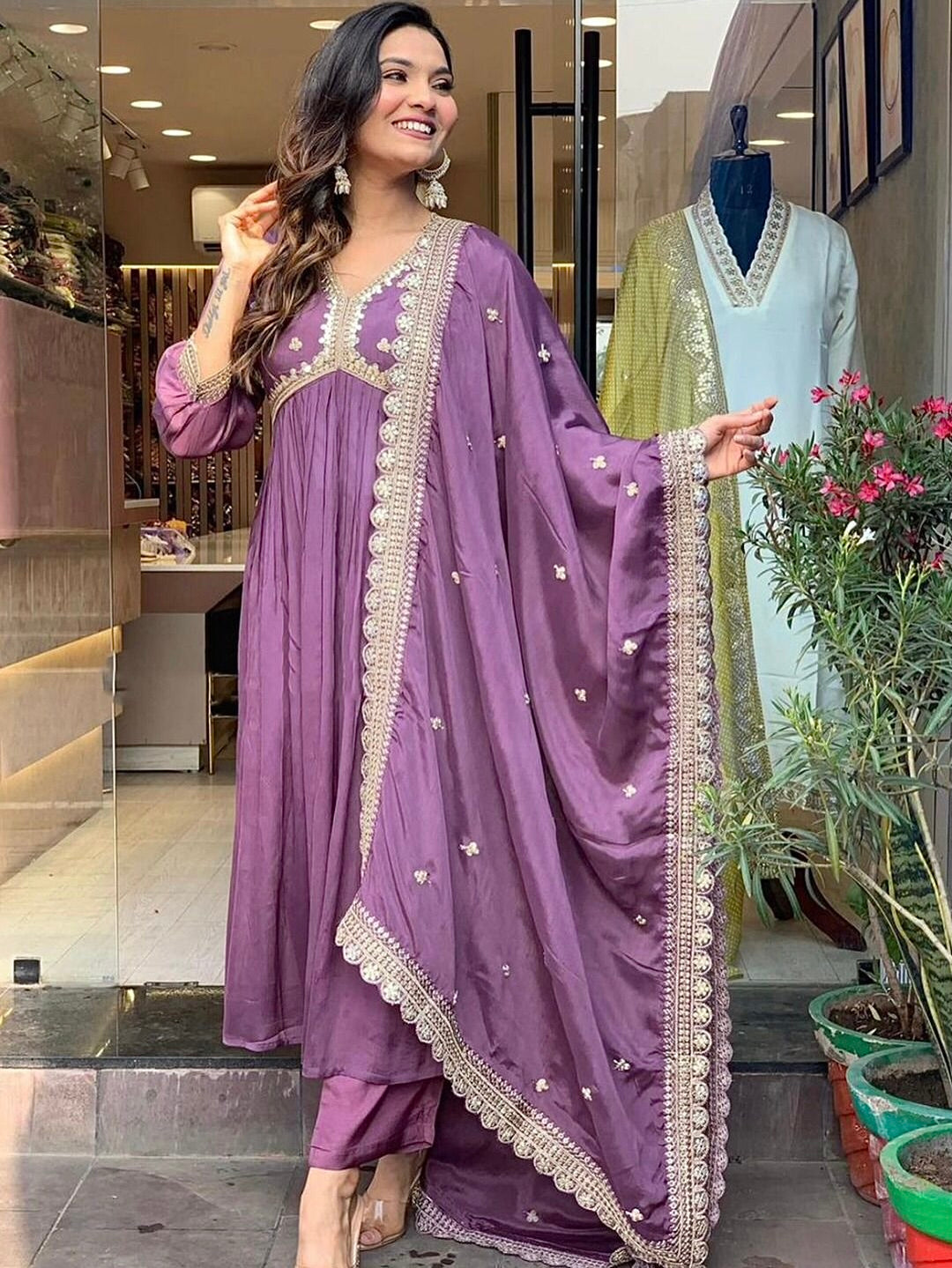 Roman Silk Kurta Set with Embroidery & Dupatta