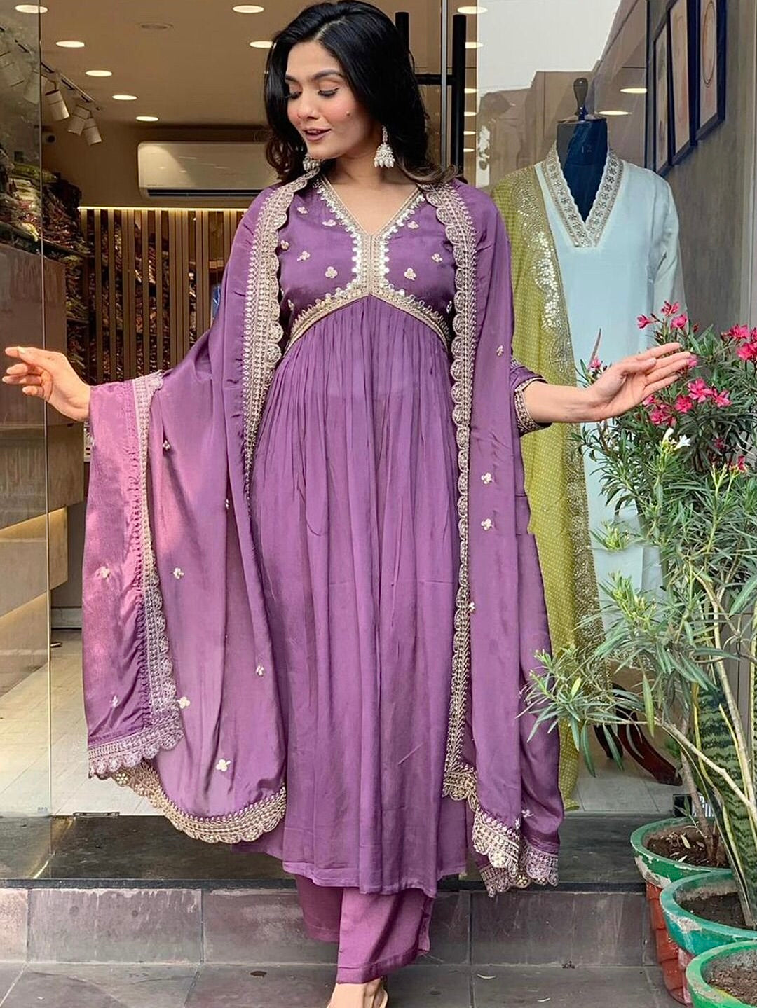 Roman Silk Kurta Set with Embroidery & Dupatta