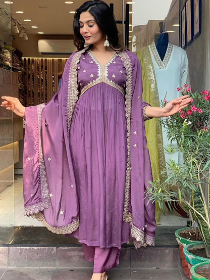 Roman Silk Kurta Set with Embroidery & Dupatta