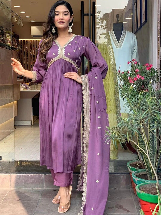 Roman Silk Kurta Set with Embroidery & Dupatta