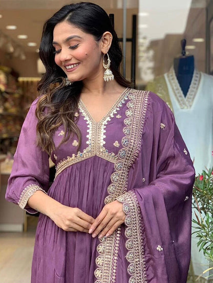 Roman Silk Kurta Set with Embroidery & Dupatta