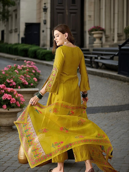 Roman Silk Kurti Set with Embroidery & Organza Dupatta