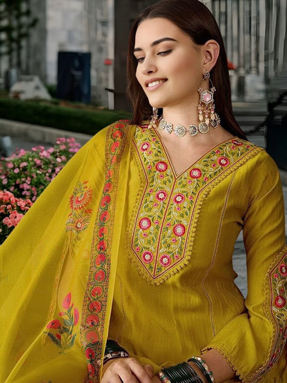 Roman Silk Kurti Set with Embroidery & Organza Dupatta