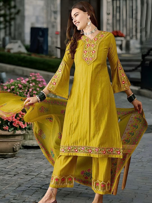 Roman Silk Kurti Set with Embroidery & Organza Dupatta