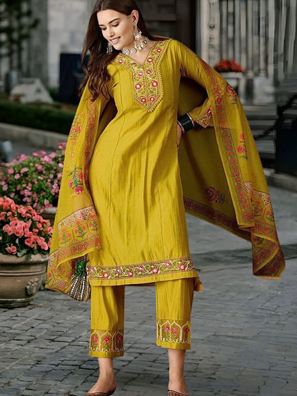 Roman Silk Kurti Set with Embroidery & Organza Dupatta
