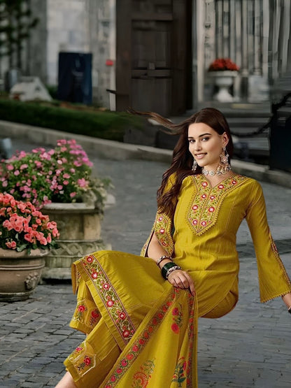 Roman Silk Kurti Set with Embroidery & Organza Dupatta