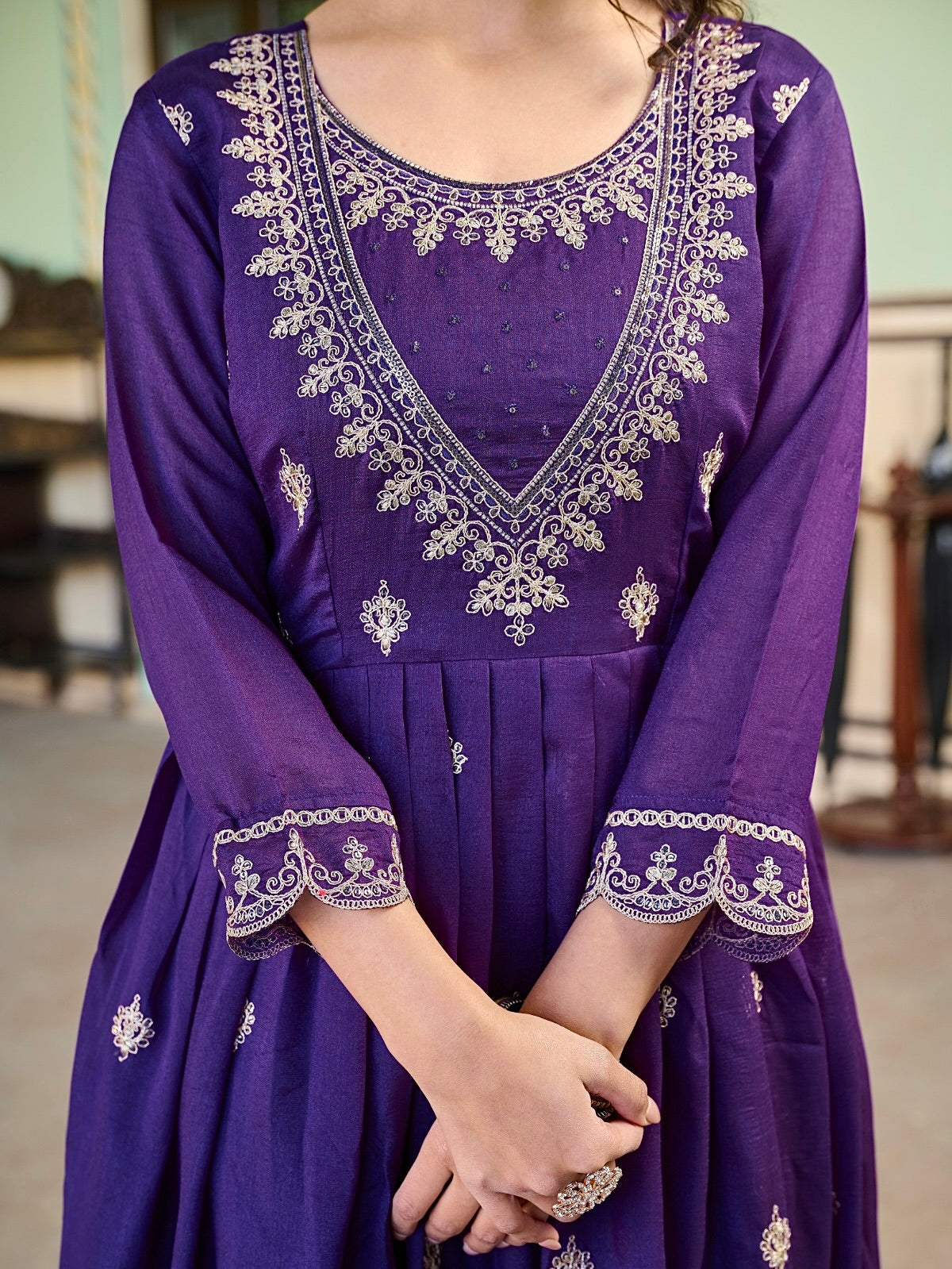 Vichitra Silk Kurti Set with Embroidery & Dupatta
