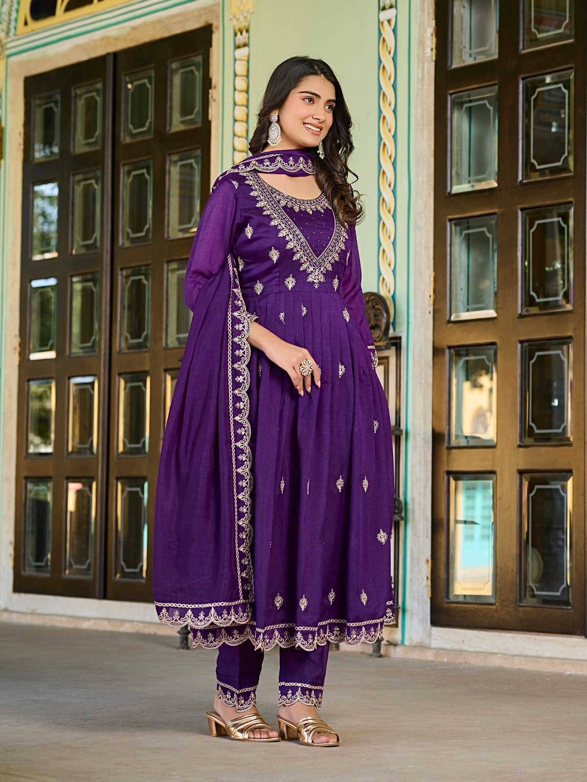Vichitra Silk Kurti Set with Embroidery & Dupatta