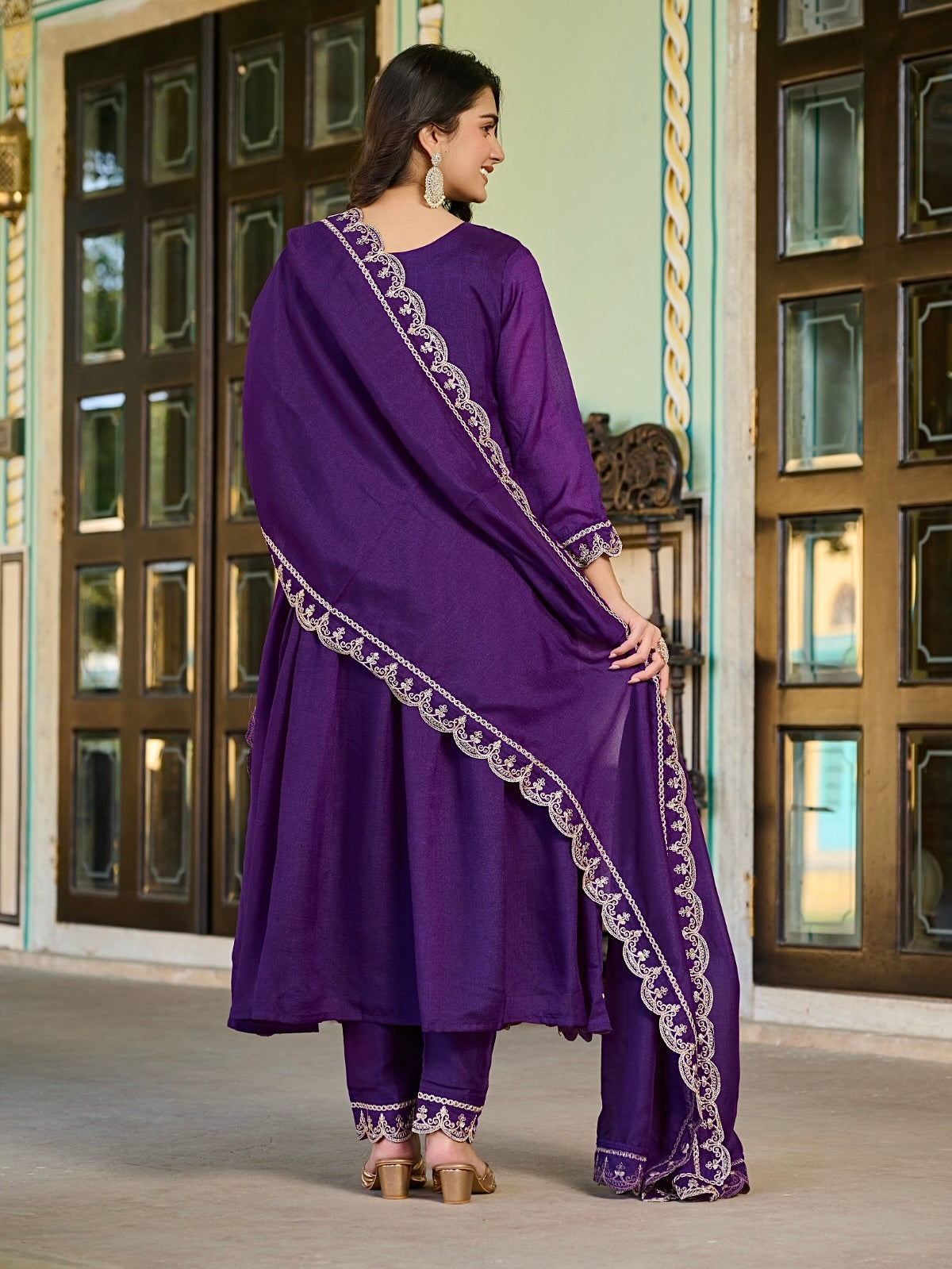 Vichitra Silk Kurti Set with Embroidery & Dupatta