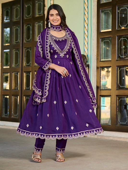 Vichitra Silk Kurti Set with Embroidery & Dupatta