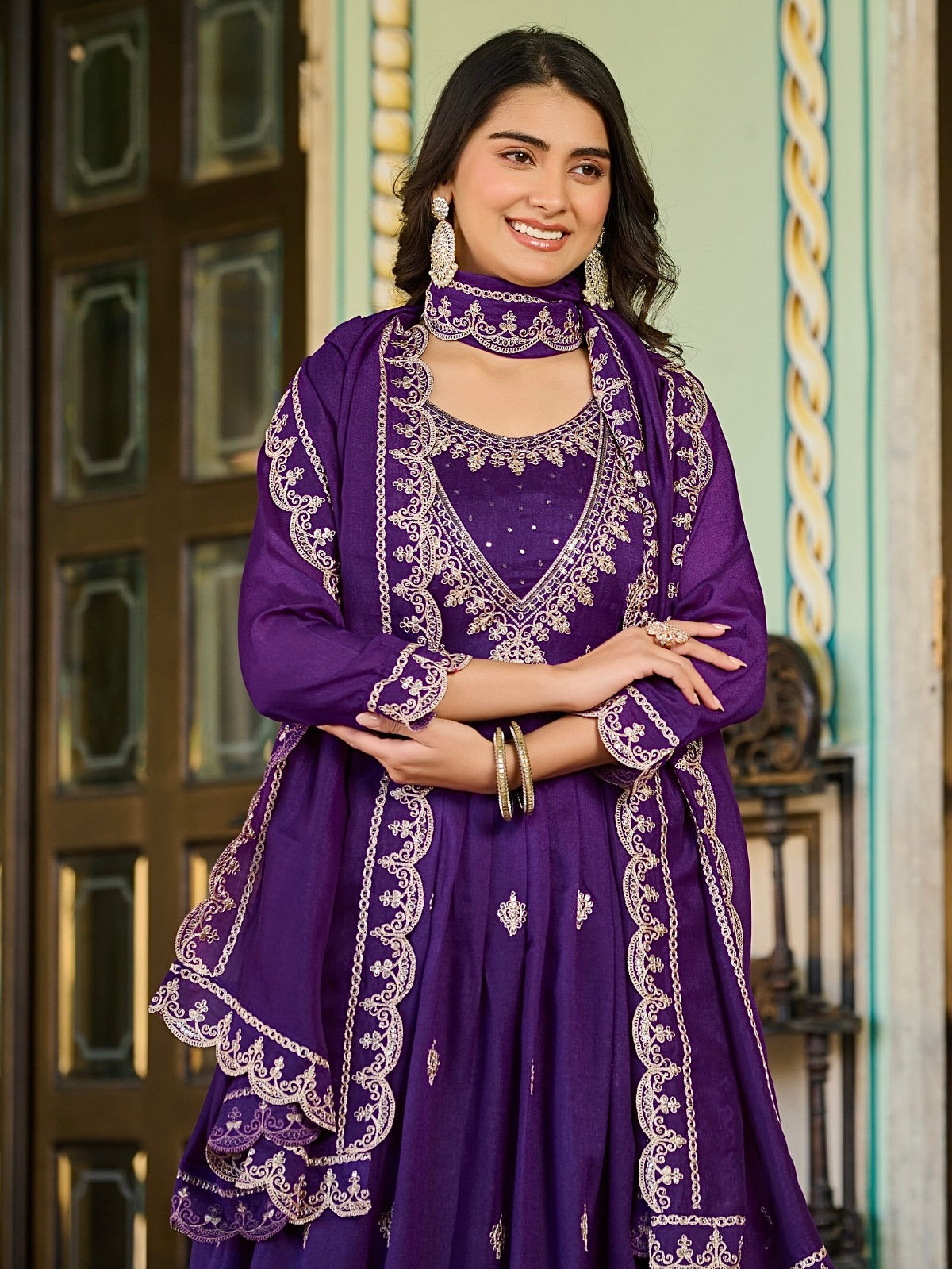 Vichitra Silk Kurti Set with Embroidery & Dupatta