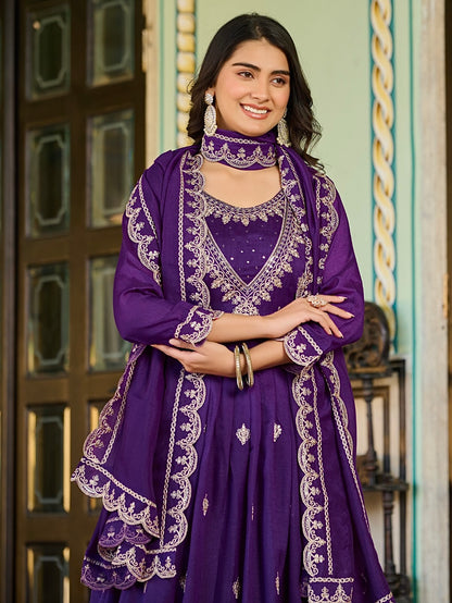 Vichitra Silk Kurti Set with Embroidery & Dupatta
