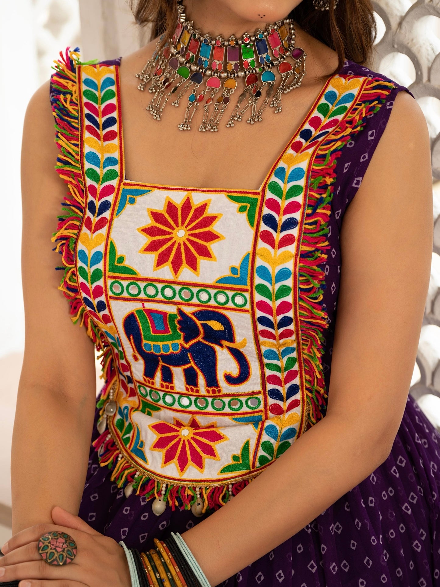 Bandhani Print Faux Georgette Gown with Kutchi Patchwork