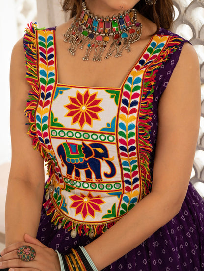 Bandhani Print Faux Georgette Gown with Kutchi Patchwork