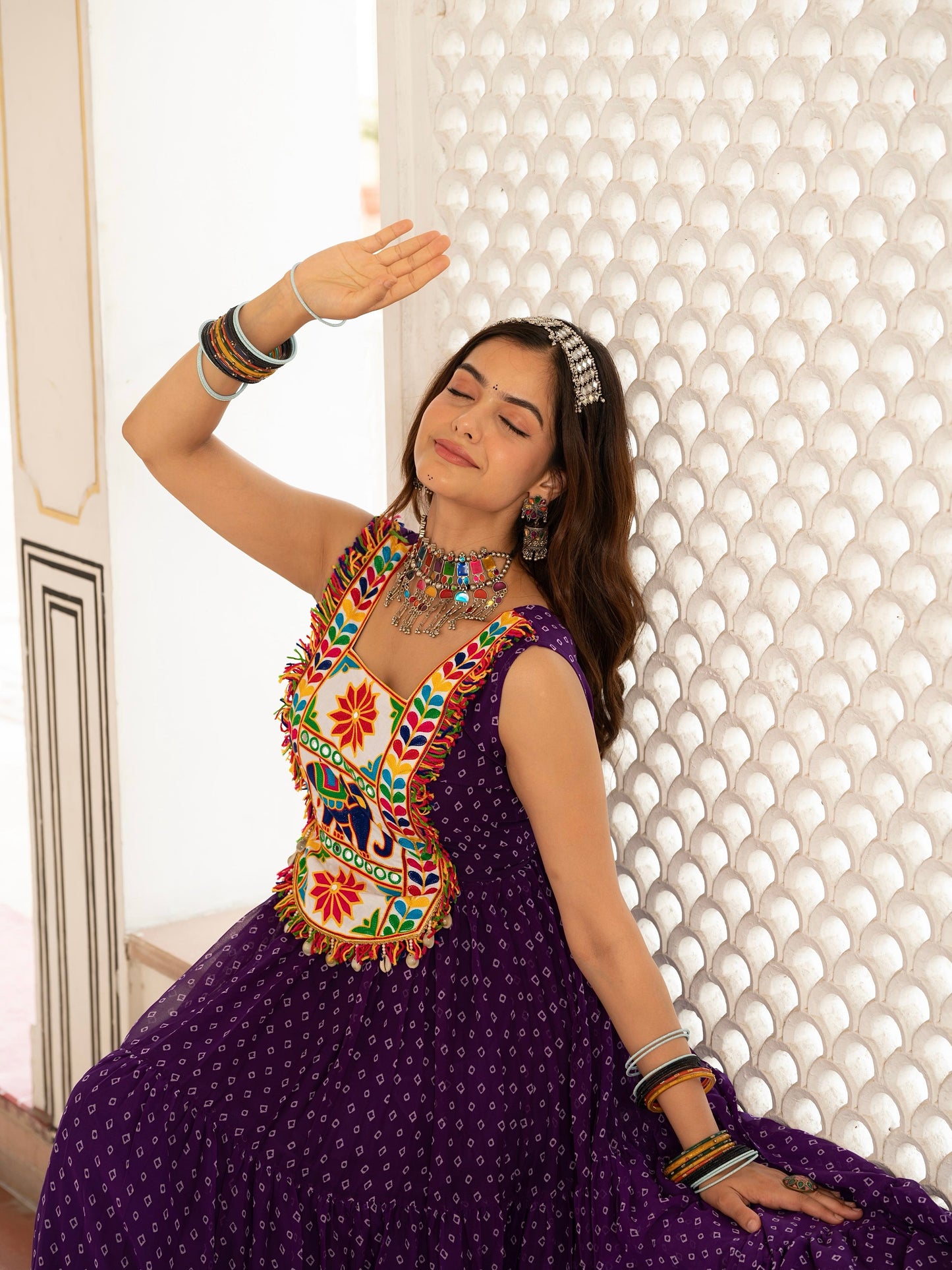 Bandhani Print Faux Georgette Gown with Kutchi Patchwork