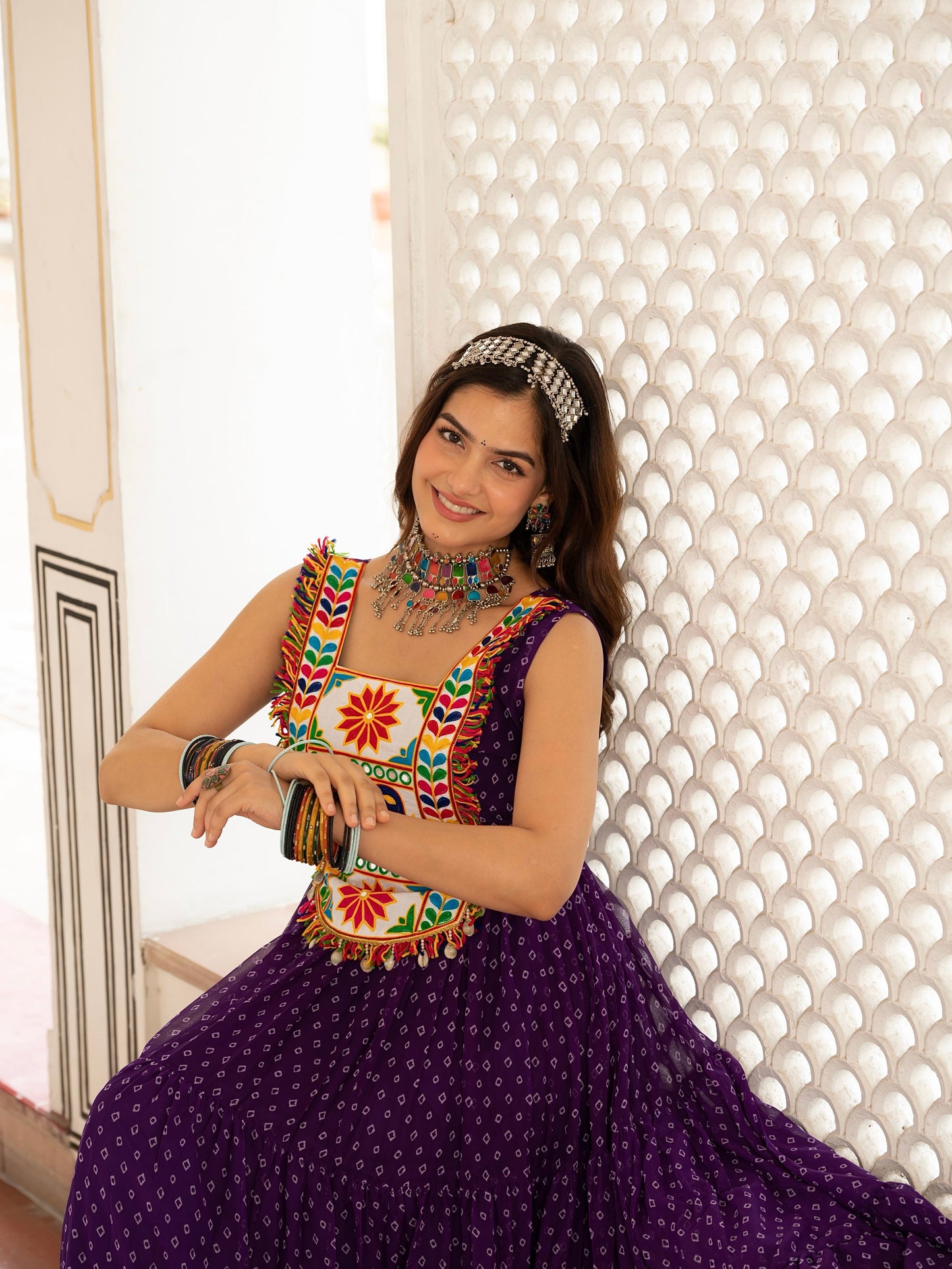 Bandhani Print Faux Georgette Gown with Kutchi Patchwork