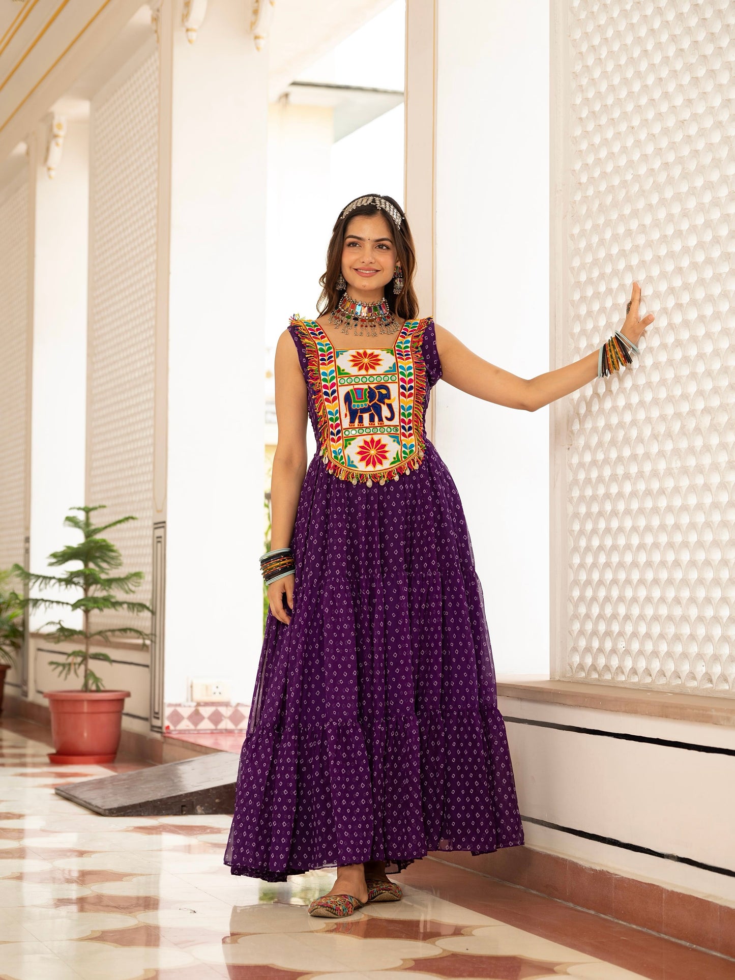 Bandhani Print Faux Georgette Gown with Kutchi Patchwork