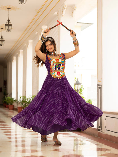 Bandhani Print Faux Georgette Gown with Kutchi Patchwork