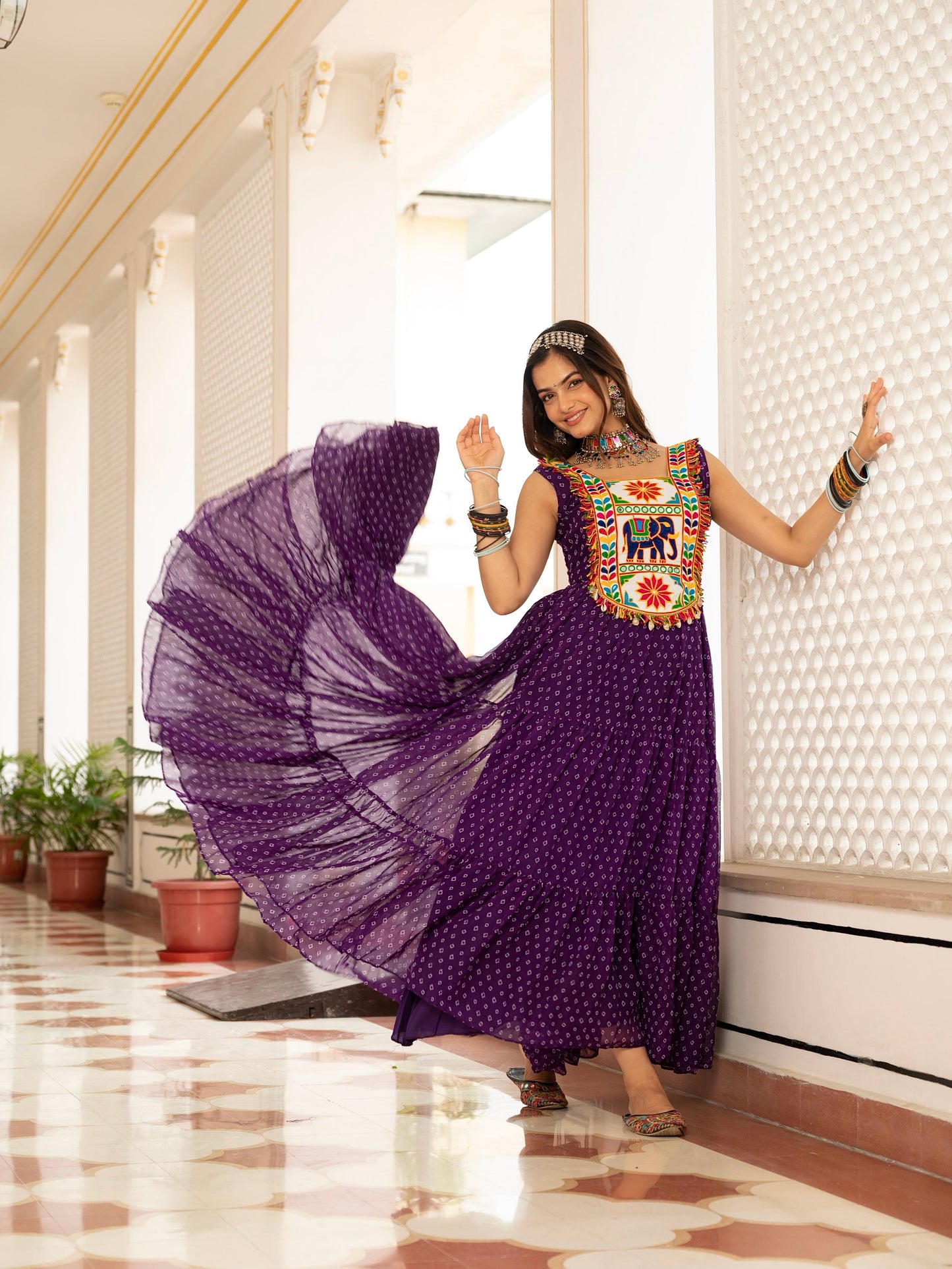 Bandhani Print Faux Georgette Gown with Kutchi Patchwork