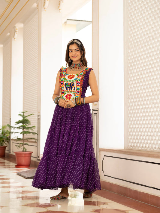 Bandhani Print Faux Georgette Gown with Kutchi Patchwork