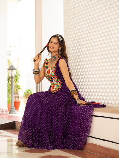 Bandhani Print Faux Georgette Gown with Kutchi Patchwork