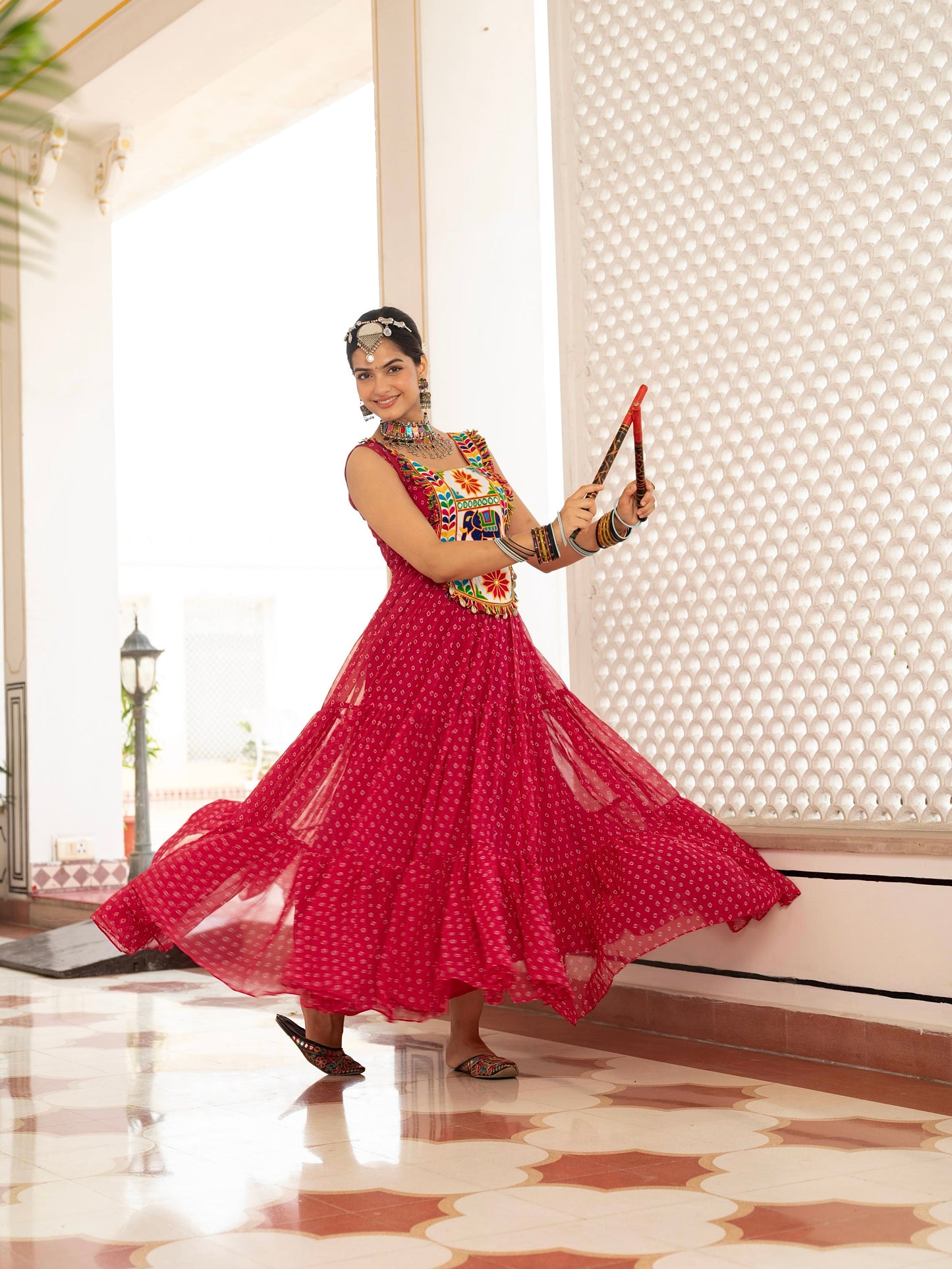 Bandhani Print Faux Georgette Gown with Kutchi Patchwork