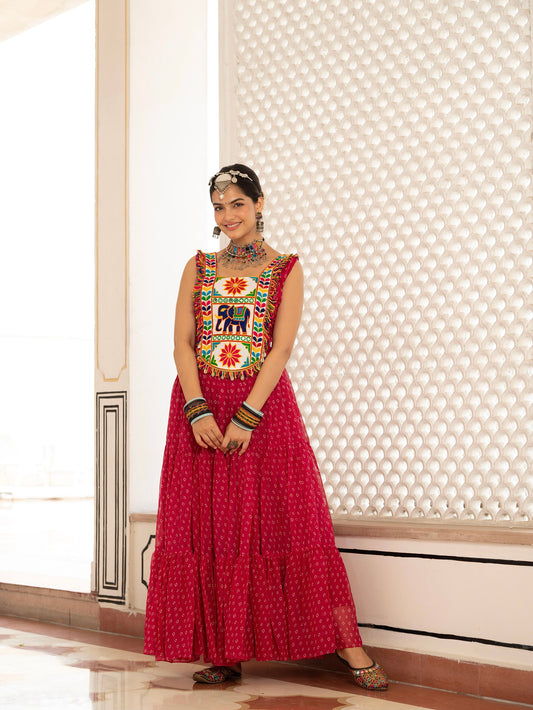 Bandhani Print Faux Georgette Gown with Kutchi Patchwork