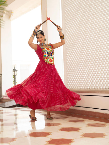 Bandhani Print Faux Georgette Gown with Kutchi Patchwork