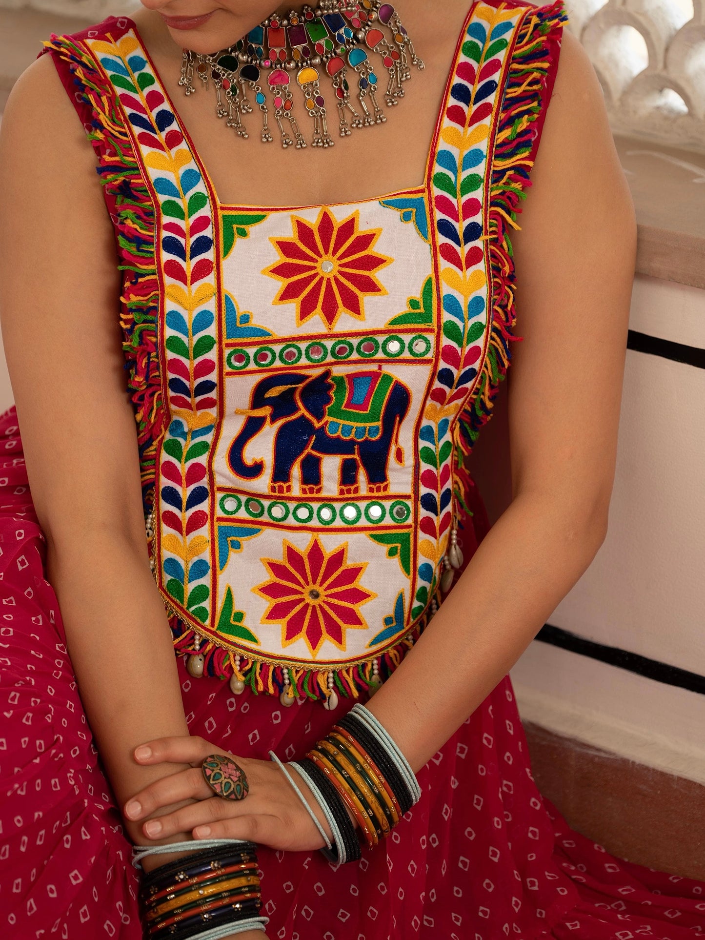 Bandhani Print Faux Georgette Gown with Kutchi Patchwork