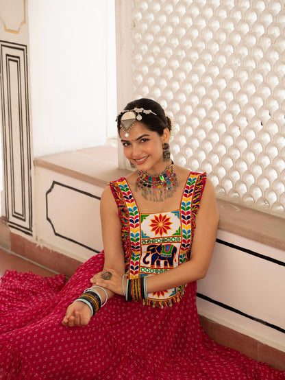 Bandhani Print Faux Georgette Gown with Kutchi Patchwork