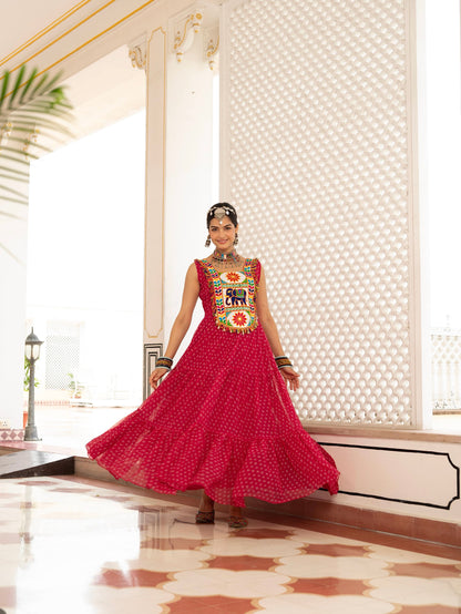 Bandhani Print Faux Georgette Gown with Kutchi Patchwork