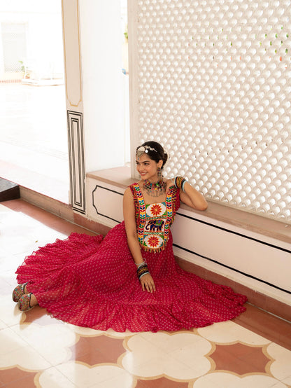 Bandhani Print Faux Georgette Gown with Kutchi Patchwork
