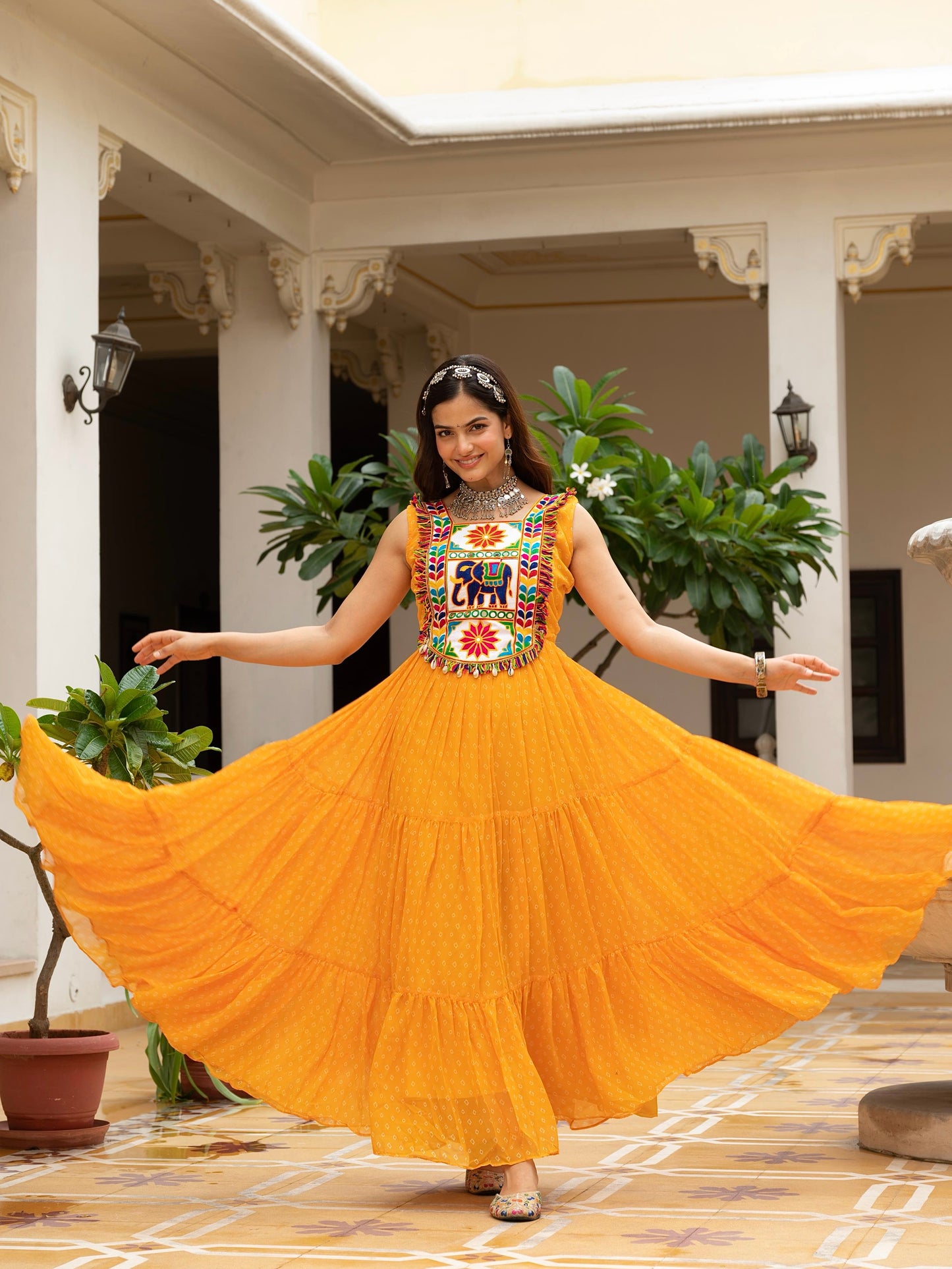 Bandhani Print Faux Georgette Gown with Kutchi Patchwork