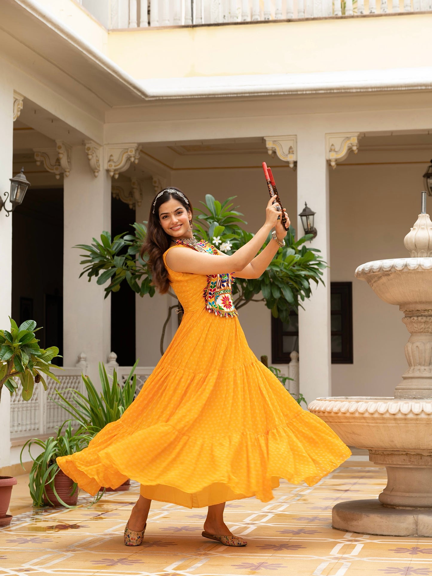 Bandhani Print Faux Georgette Gown with Kutchi Patchwork