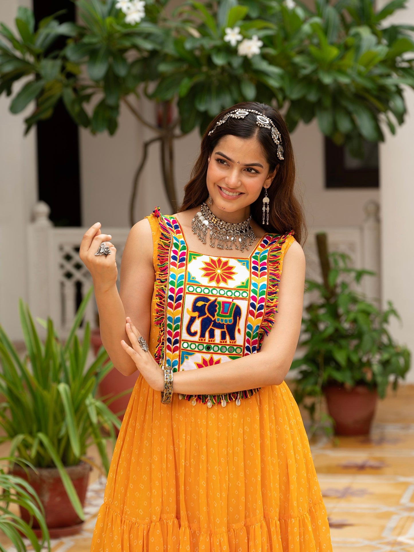 Bandhani Print Faux Georgette Gown with Kutchi Patchwork