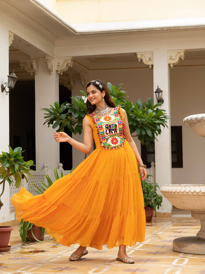 Bandhani Print Faux Georgette Gown with Kutchi Patchwork