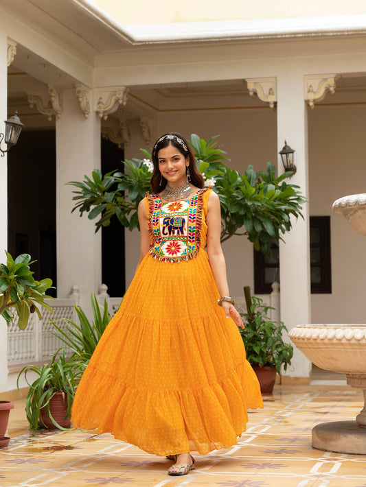 Bandhani Print Faux Georgette Gown with Kutchi Patchwork