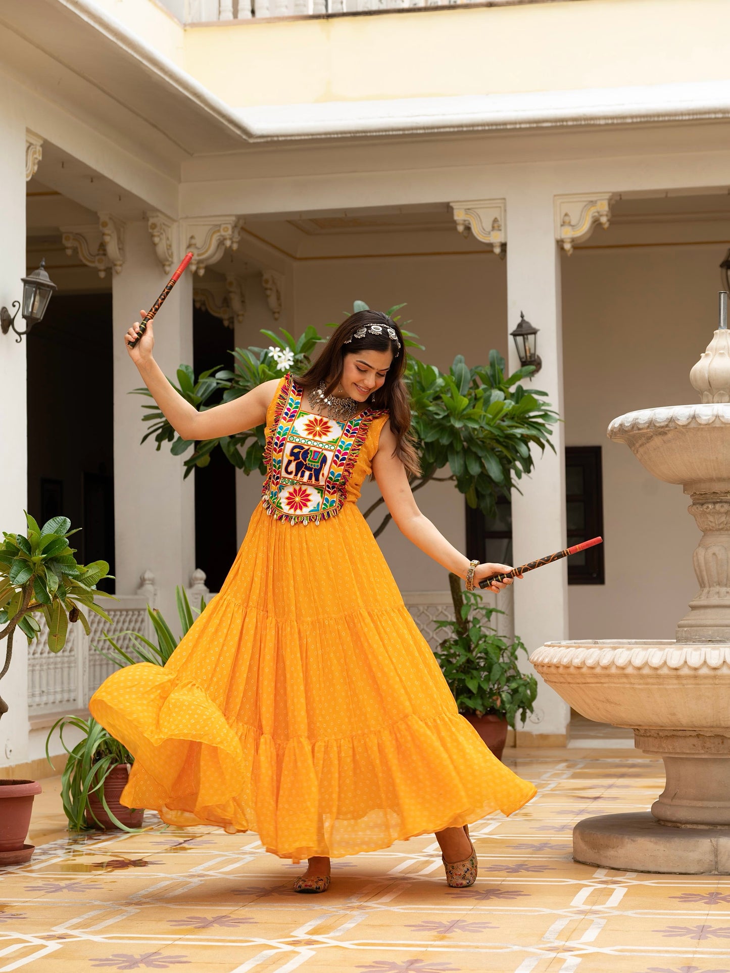 Bandhani Print Faux Georgette Gown with Kutchi Patchwork